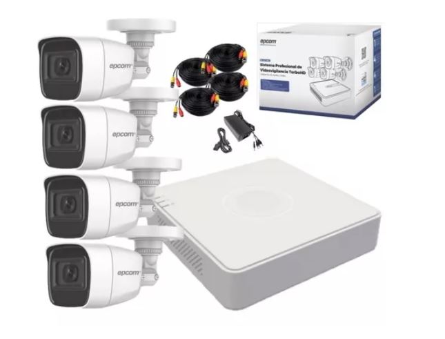 Epcom Kit de Vigilancia B8-KIT-MIC de 4 Cámaras CCTV Bullet y 4 Canales, con Grabadora, con Cables y Fuente de Poder